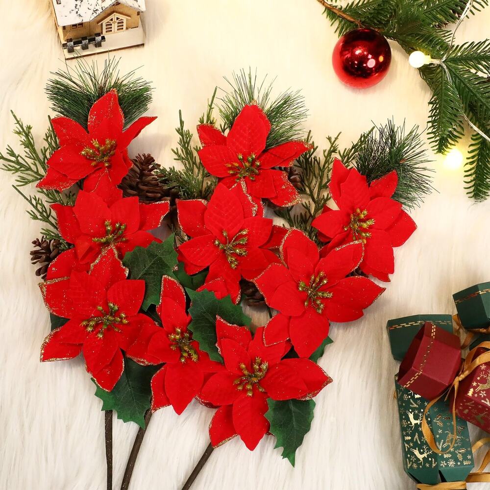 18.5'' Poinsettias Artificial Christmas Flowers Red Poinsettia Christmas Pick